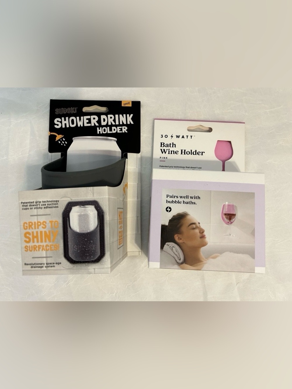 Kohl's Pink Bath Wine & Gray Shower Drink Holders Set